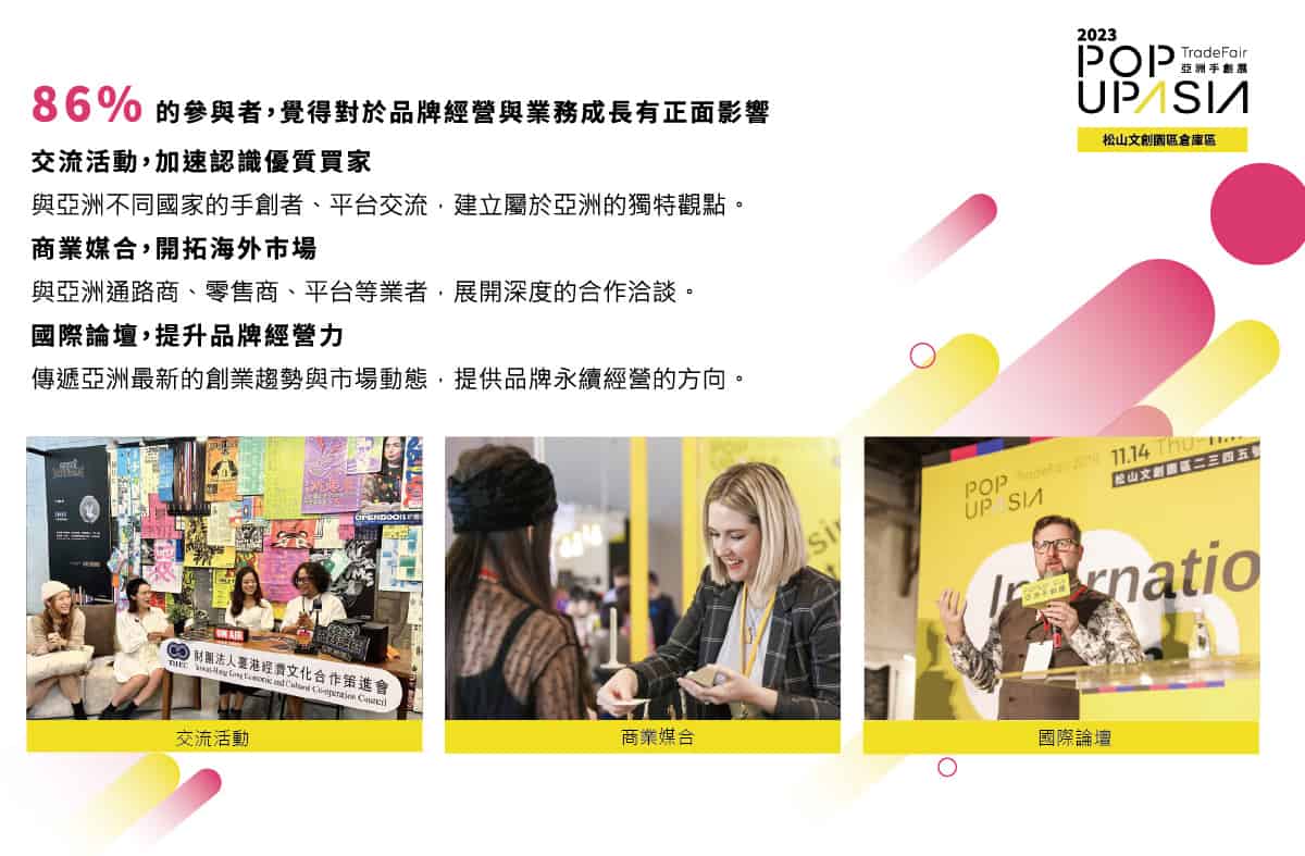86%的參與者,覺得對於品牌經營與業務成長有正面影響
交流活動,加速認識優質買家
與亞洲不同國家的手創者、平台交流,建立屬於亞洲的獨特觀點。
商業媒合,開拓海外市場
與亞洲通路商、零售商、平台等業者·展開深度的合作洽談。
國際論壇,提升品牌經營力
傳遞亞洲最新的創業趨勢與市場動態,提供品牌永續經營的方向。
